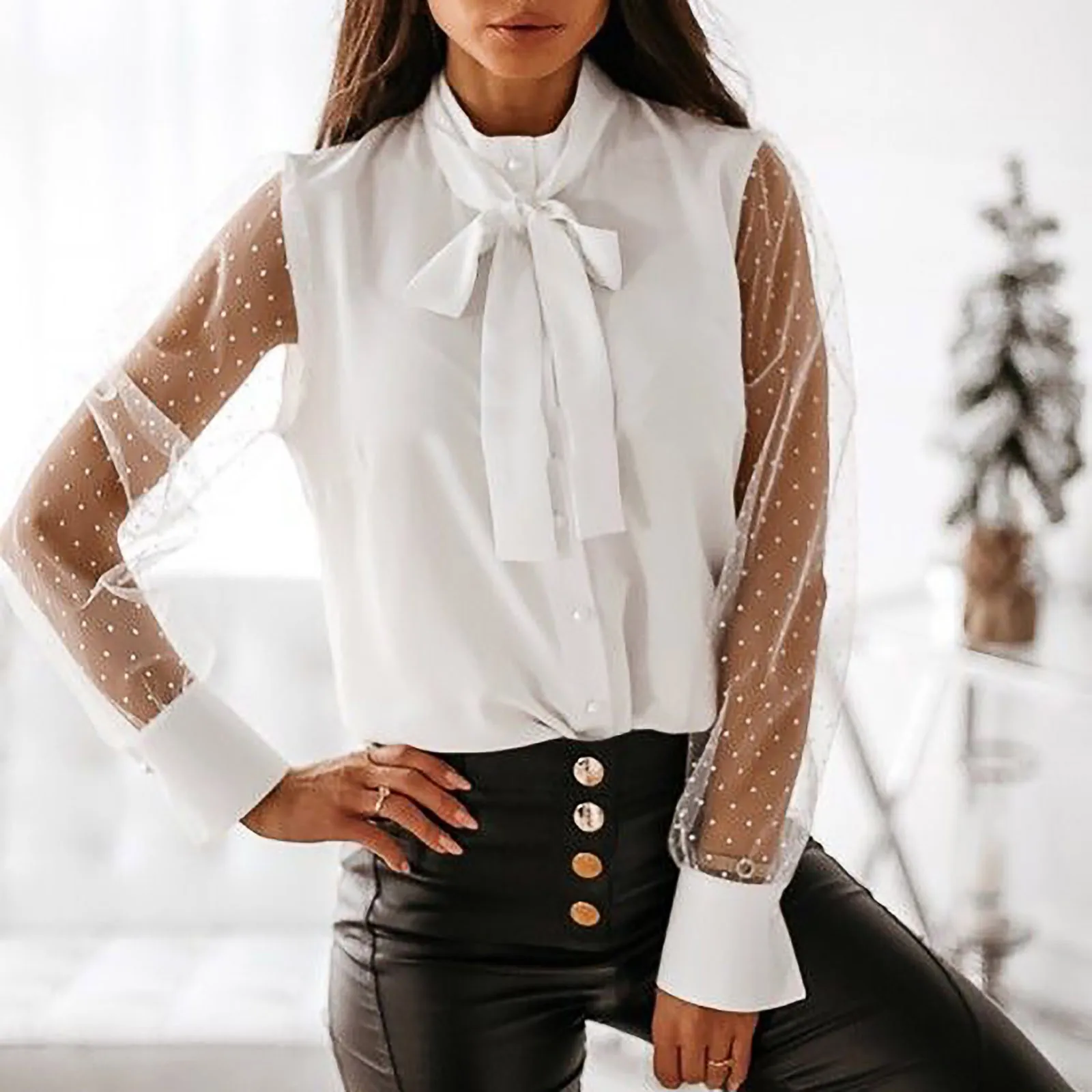 

Womens Blouses Shirts женское плае Solid Color Bow Neck Lace Long-Sleeved Casual Loose Shirt Daily Tops Spring Autumn Daily